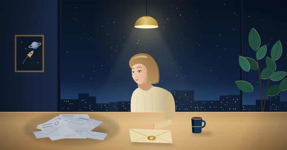 Illustration av en f&ouml;retagare med ett enda kuvert framf&ouml;r sig, medan en h&ouml;g med separata fakturor ligger undanskjuten
