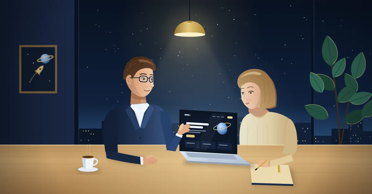 Illustration av en webbkonsult som visar en f&ouml;retagare en ny hemsida p&aring; en laptop