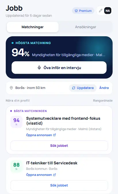 Projekt 14 Lista med matchande jobb och träffprocent
