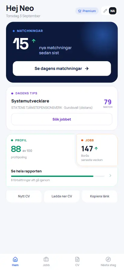 Projekt 19 Startvyn i appen med dagens matchningar